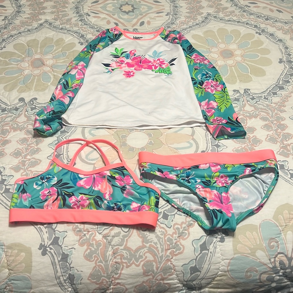 Lands End Girls 3 Piece Bathing Suit Set